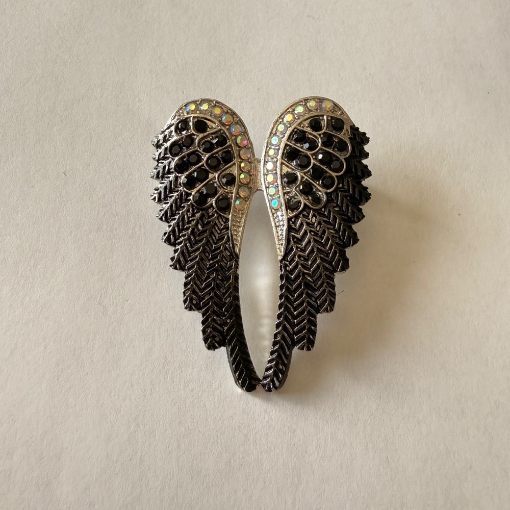 Silver Tone Angel Wing‎ Brooch Black Rhinestone AB Crystal Fashion Pin